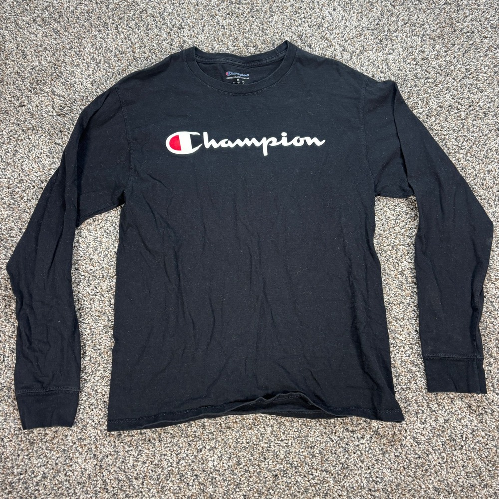 Champion Men's Size Medium Long Sleeve Graphic T-Shirt Black Script Logo